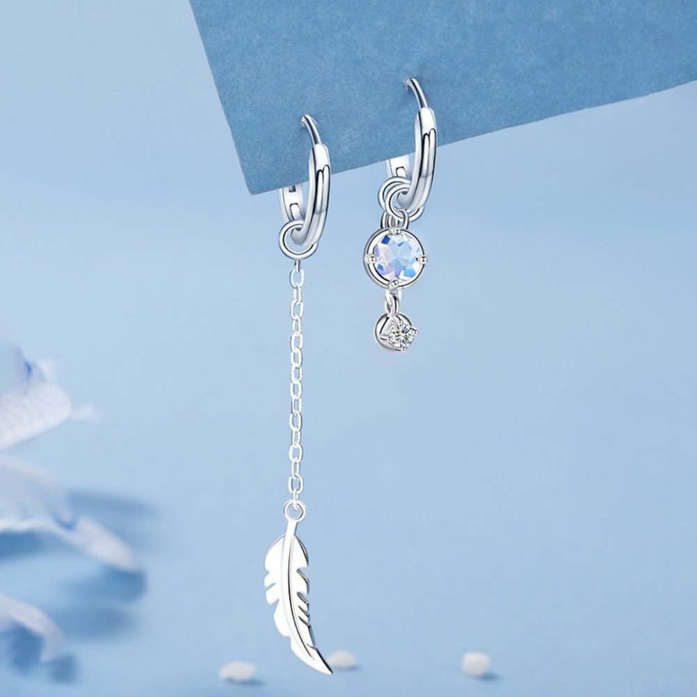NEW S925 Sterling Silver Asymmetrical Moonstone Feather Tassel Earrings
